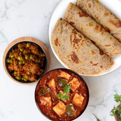 Kadhai Paneer Soya Masala Sabzi Paratha Thali