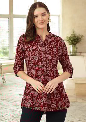 Maroon Floral Print Rayon Regular Top-XS