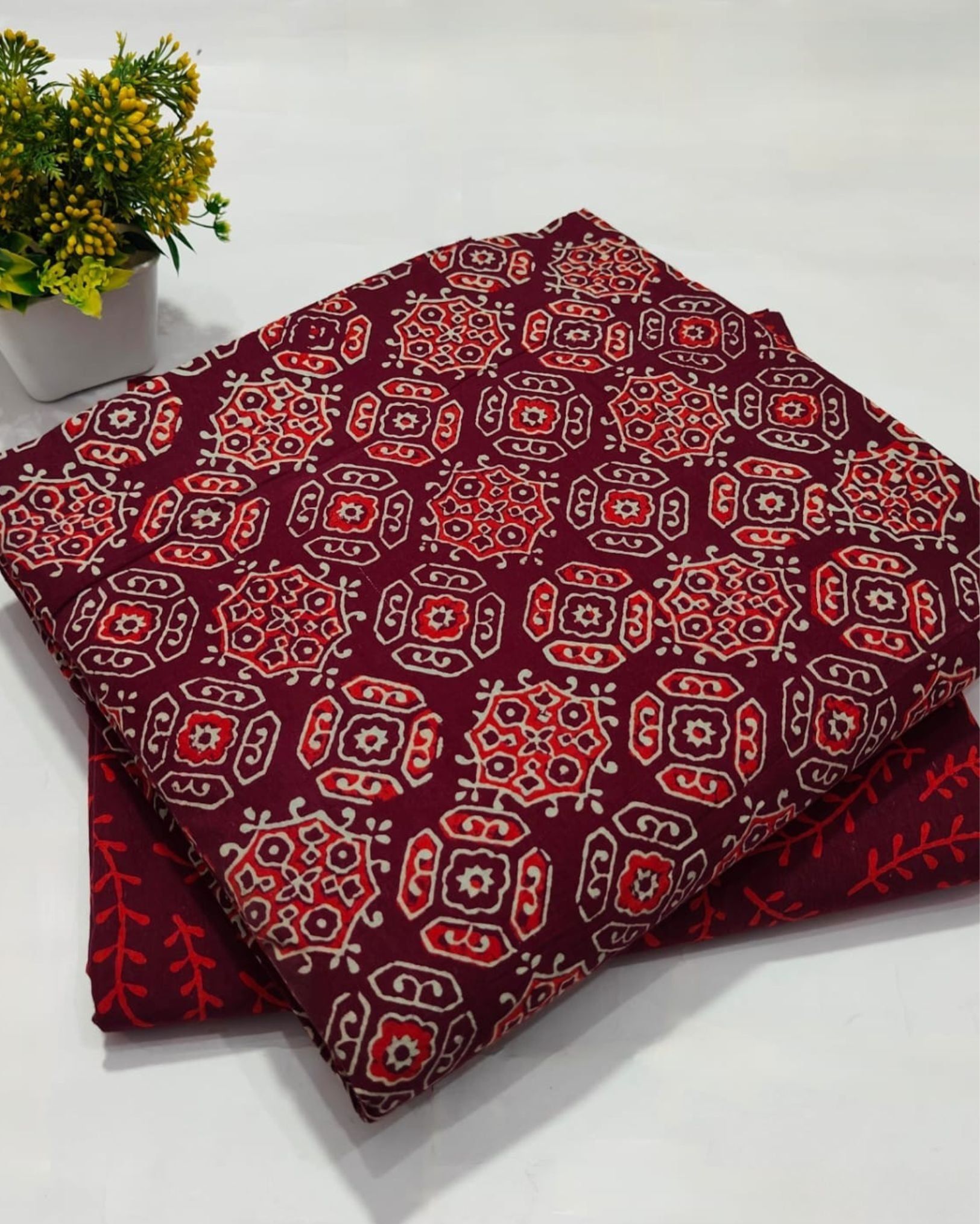 Chaap Blockprinted Crisp Pure Cotton Red Suit (T+B)