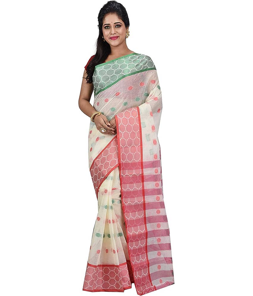 Desh Bidesh Cotton Self Design Saree Without Blouse Piece ( Green,Red,White )