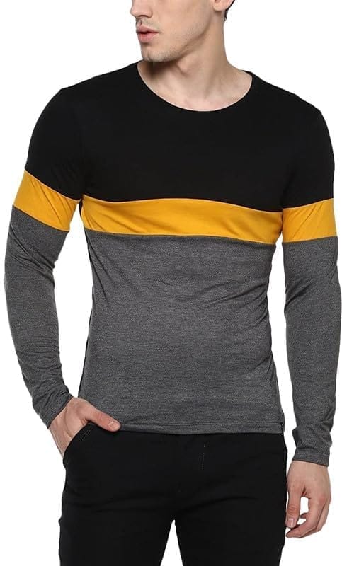 Men's Casual Colorblock Cotton Blend Round Neck T-Shirt (Grey, L)-PID47765