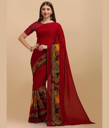 LEELAVATI Georgette Printed Saree With Unstitched Blouse Piece ( Red )
