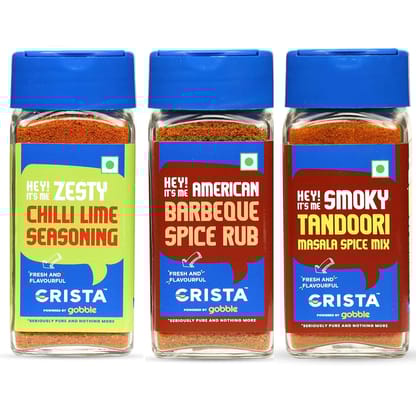 CRISTA International Seasonings Combo (American Barbeque 50 gm, Chilli Lime Seasoning 50 gm & Smoky Tandoori Masala 45 gm) Zero Added Colours & Preservatives - Pack of 3