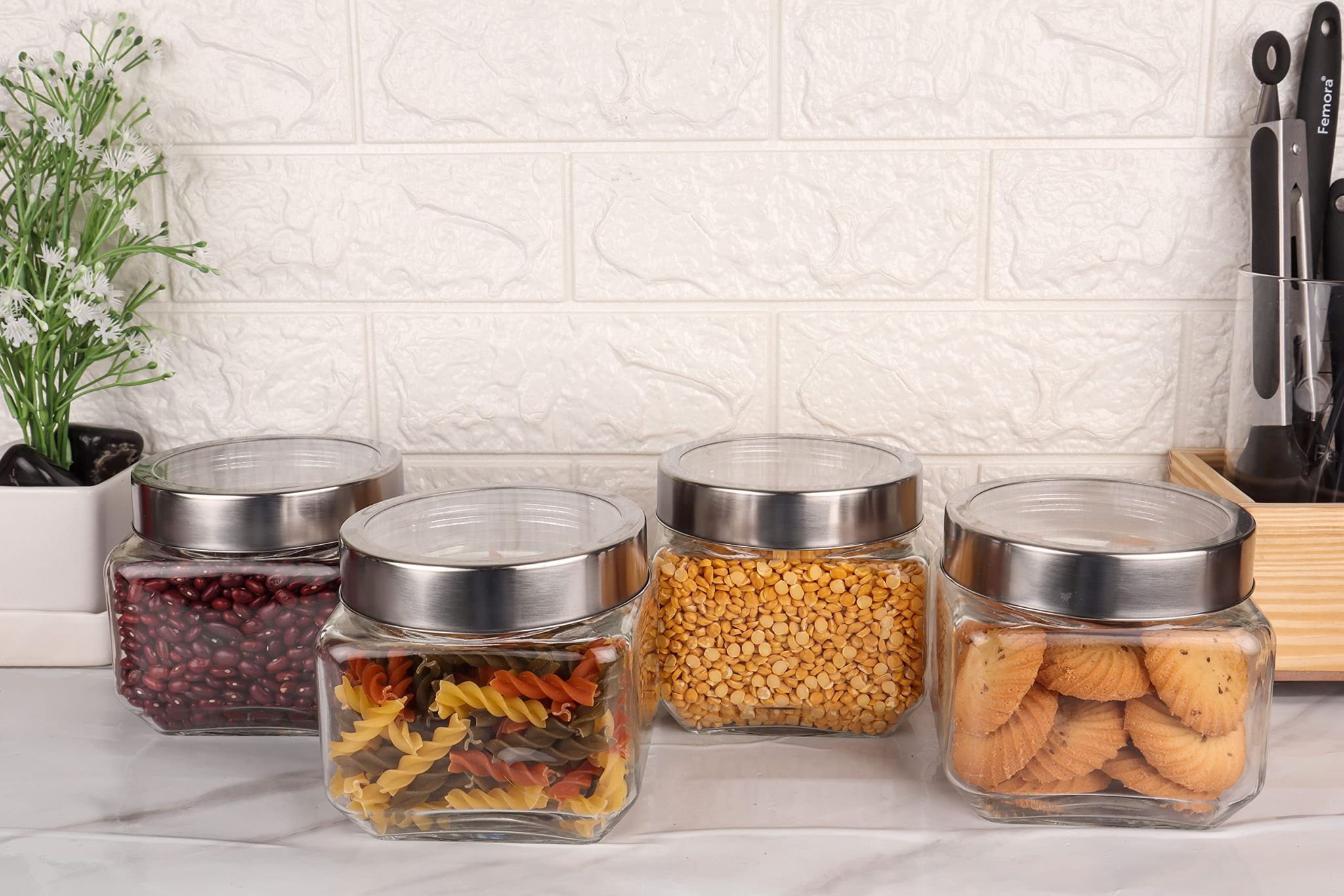 Femora Clear Glass Octo Kitchen Storage Jars, 850 ml, 1150 ml, Set of 2, Free Replacement of Lids