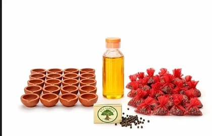 Bhairava Ashtami Diya (24 Pcs) Diyas, Sesame Oil Bottle, Red Cloth Black Pepper Packs & Matchbox, Complete Kaal Bhairav Pooja Samagri Set for Home & Temple Use | EYA Garden