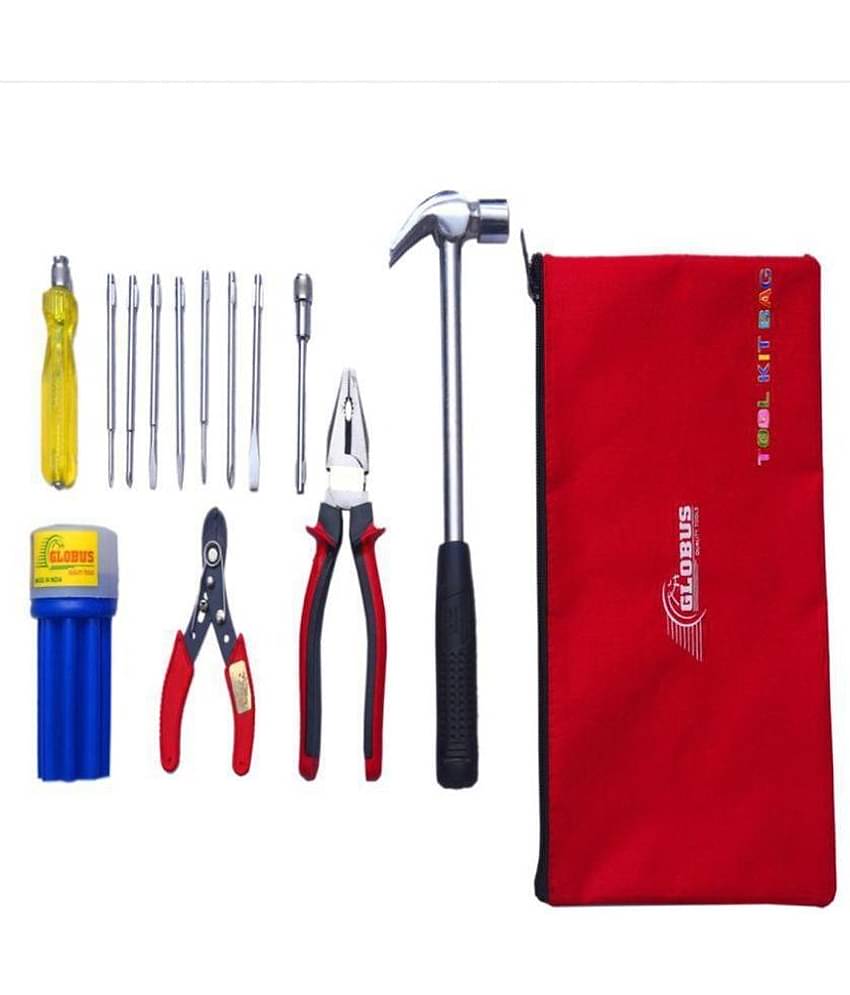 GLOBUS HAND TOOL SET/5 PCS  ( 1/2 LBS HAMMER, COMBINATION PLIER 8" ( 200 MM) WIRE STRIPPER 5", SCREWDRIVER SET/9PCS WITH TOOL KIT BAG.
