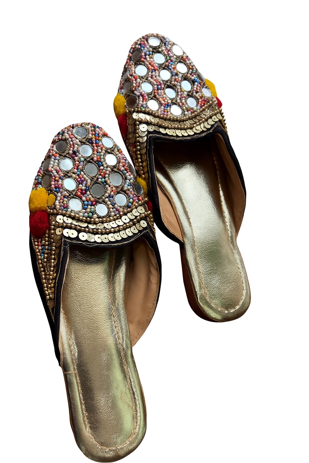 Women's Traditional Punjabi Jutti, Mirror Work Flats, Black with Multicolor Embroidery, Casual Ethnic Footwear
