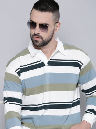 Auto Stripes Beige, Navy and Blue Full Sleeve Polo T-Shirt-XL / Beige Navy Blue