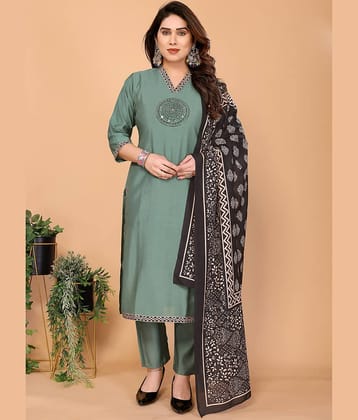 Style Samsara Women Silk Solid Straight Kurti With Pants ( Green )