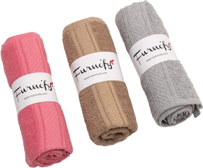 Furnofy Cotton 450 GSM Hand Towel Set Pink, Beige, Grey (Pack Of 3)