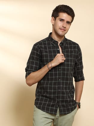 Dark Green Casual Full Sleeve Check Shirt-S