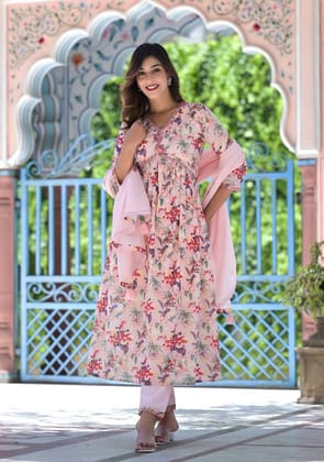 Light and Breezy Pink Floral Anarkali Kurta Pant Set With Dupatta-M