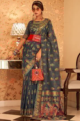 Bluish Grey Pashmina Silk Saree