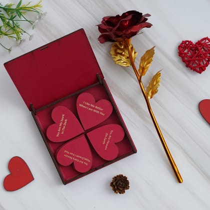 Valentine Combo of Golden Red Rose Gift Set, "20 Reasons Why I Love You" Printed on Little Red Hearts Decorative Wooden Gift Set Box