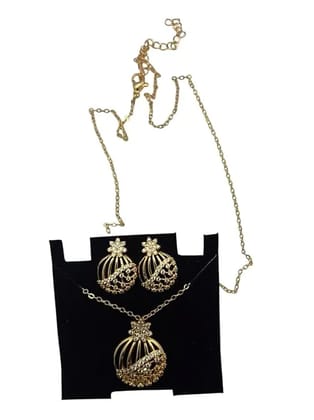 Elegant Gold Plated Necklace Set for Women with Matching Earrings | American Diamond Studded Pendant Jewellery Set | Traditional Stylish Chain Necklace for Wedding, Festive & Daily Use.,,