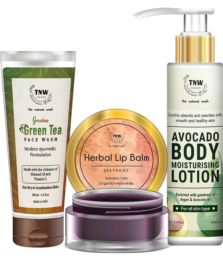 TNW - The Natural Wash Avocado Lotion, Beetroot Lip Balm & Green Tea Face Wash Facial Kit 205 mL Pack of 3