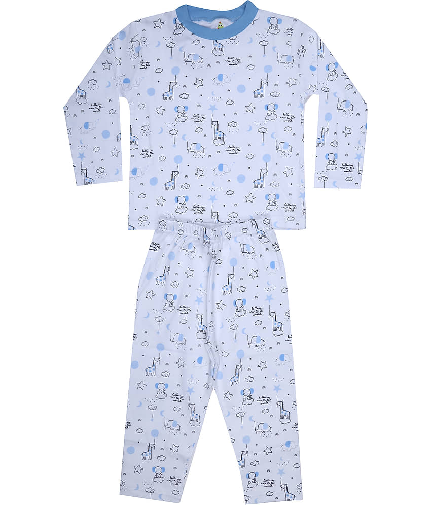 KABOOS Pack of 1 Boys 100% Cotton Nightsuit Set ( White )