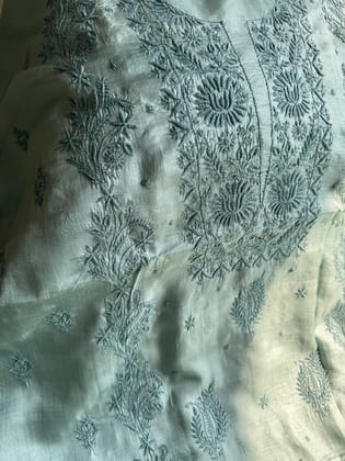 Pure Tussar Silk Chikankari Length with Dupatta - Teal Green-Teal Green / Tussar silk / Cotton Threadwork Chikankari