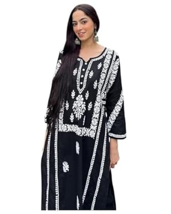 Women's Black Chikan Embroidered Kurti Pant Set, Traditional Floral Design, Size M
