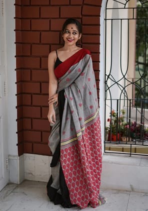 Pure Linen Cotton Digital Printed Saree with Handmade Zalar  PHPL 235