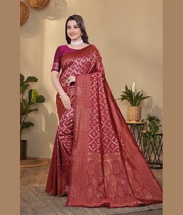 NENCY FASHION Silk Woven Banarasi saree With Unstitched Blouse Piece ( Rani )
