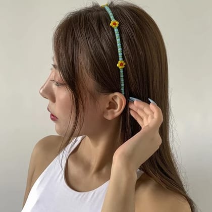Y2K Floral Beaded Hair Band-Blue