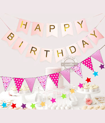 Happy Barthday Banner (Pink ) + 1 Bunting Flag ( Pink ) + 12 pc Multi Star Set