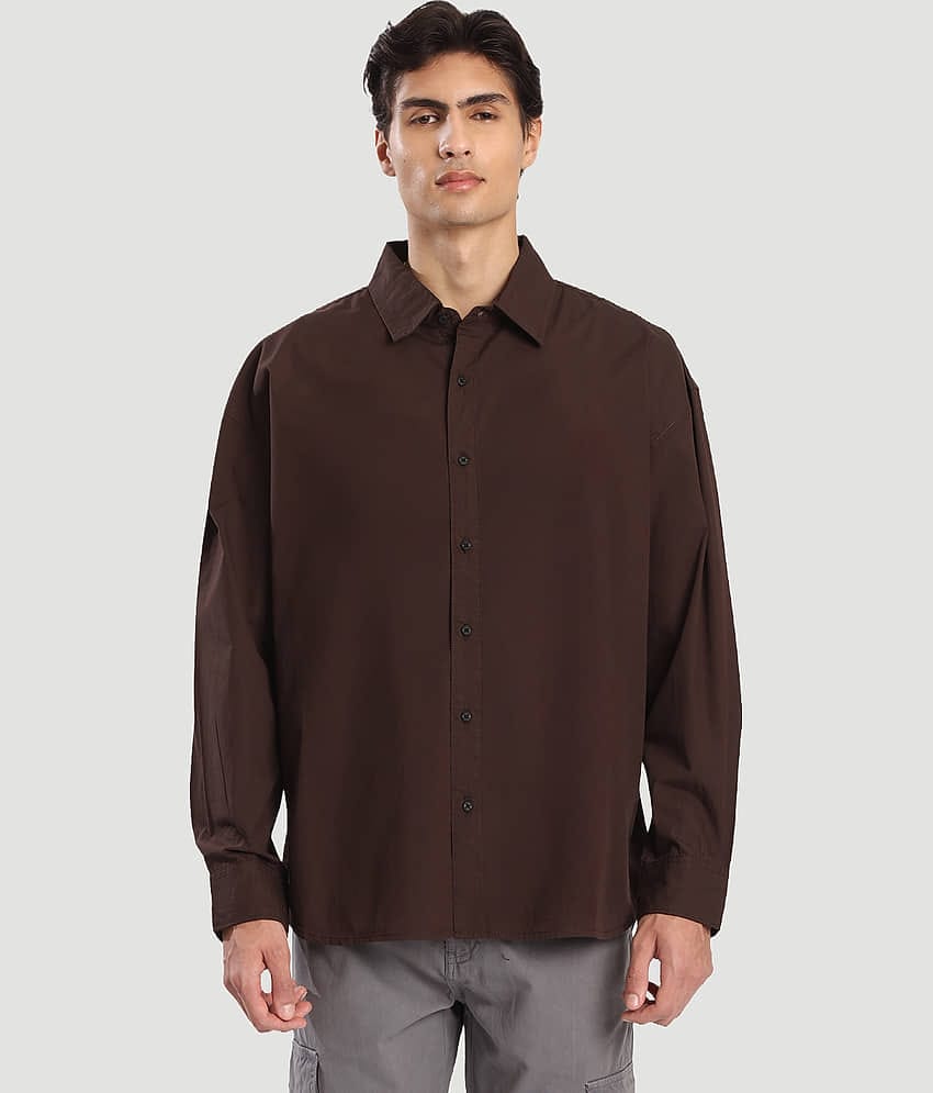 Bene Kleed 100% Cotton Oversized Fit Solids Full Sleeves Men's Casual Shirt - Brown ( Pack of 1 )