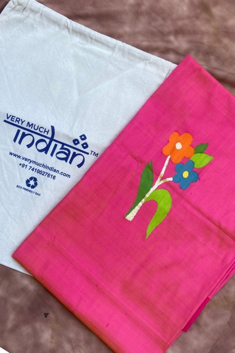 Designed by VMI - Blouse Fabric - Handloom Pure Silk - Floral Pink with Flower Motifs