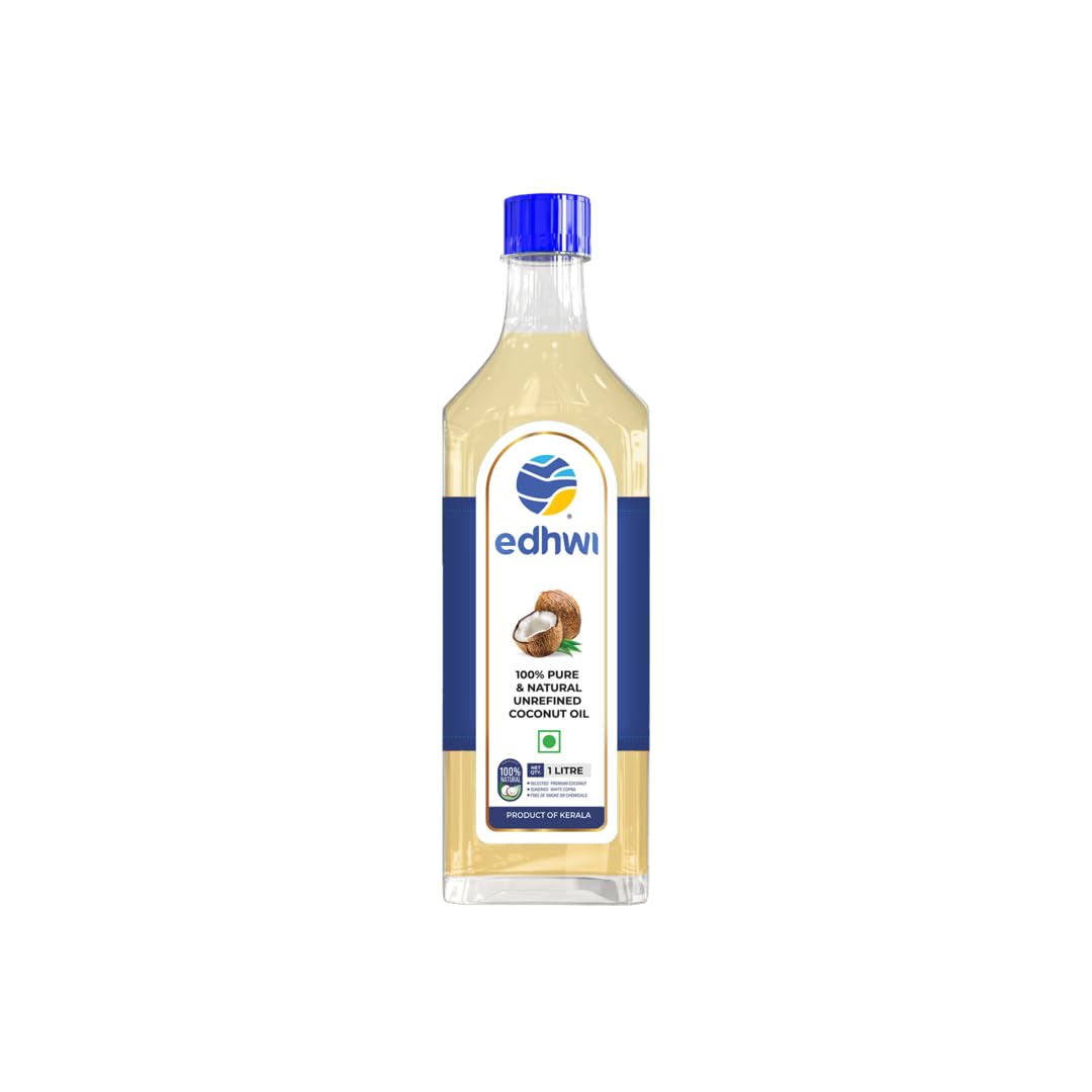 Edhwi 100% Pure & Natural Unrefined Coconut Oil (1L), Sundried White Copra, No Preservatives, No Chemicals, Smoke-Free, Kerala Traditional Cooking Oil � Cold Pressed for Healthy Cooking & Skin Care