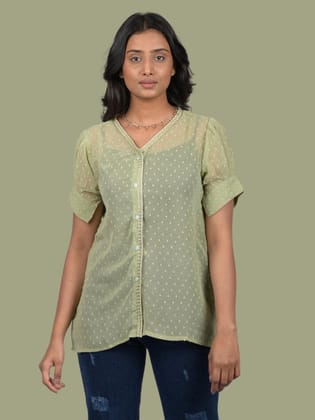 Shirt Style Short Sleeves Top (OTL-TPS1082)-Multicolour / S