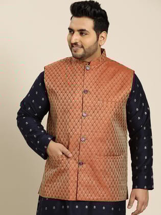 Men's Jacquard Silk Orange Self Design ONLY Nehrujacket-46