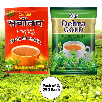 Sarvottam Regular Chai & Dehra Gold Premium CTC Combo Tea Pack, 500g (Pack of 2, 250g each)