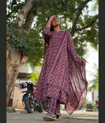 Rajnandini Women Cotton Blend Printed A-line Kurti With Pants ( Wine )