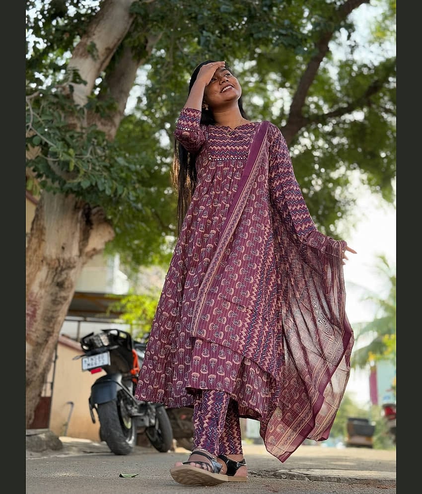 Rajnandini Women Cotton Blend Printed A-line Kurti With Pants ( Wine )