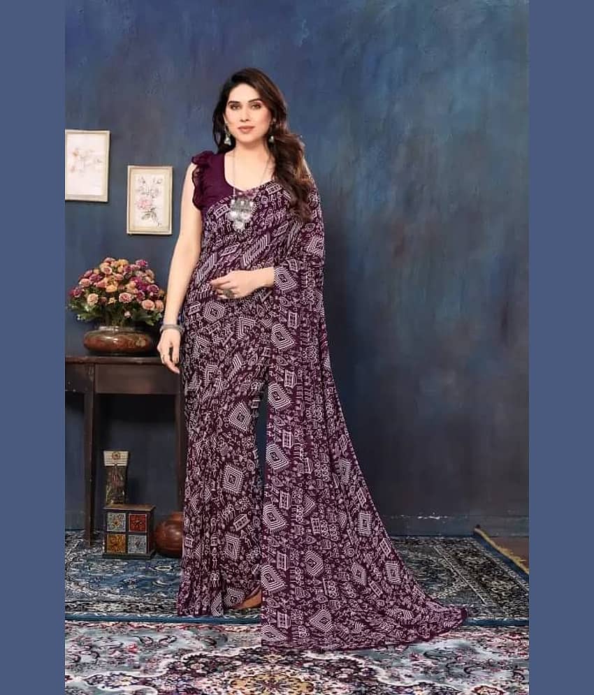Samai Georgette Printed Regular Saree With Unstitched Blouse Piece ( Wine )