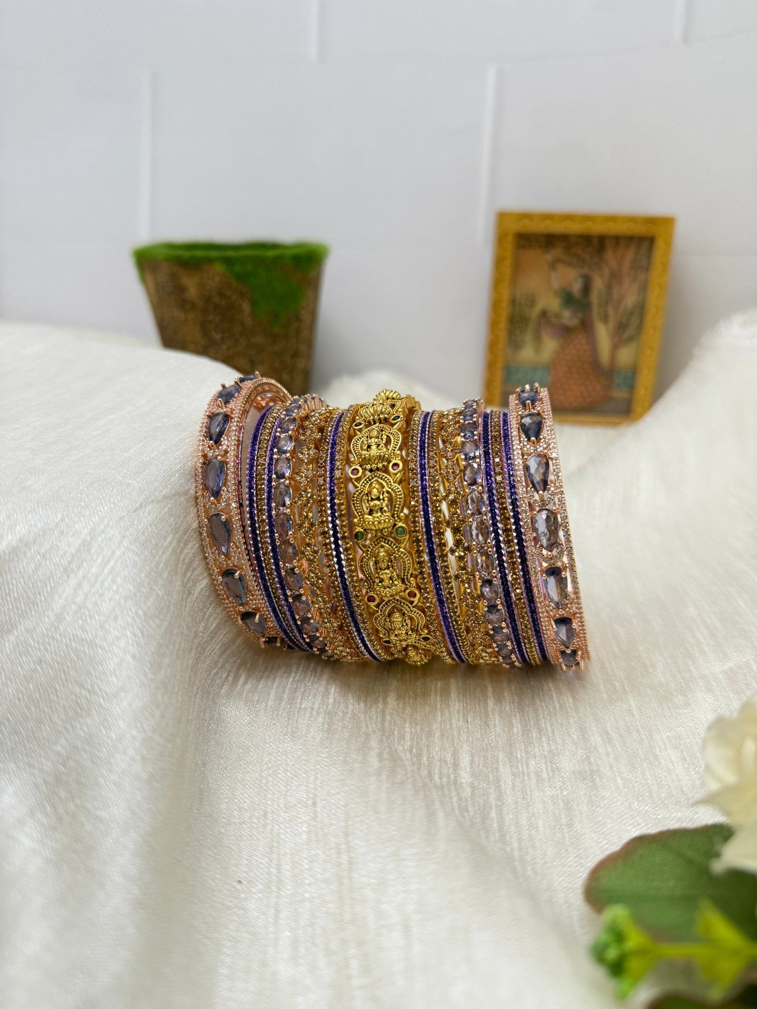 Luxurious And Rich Purple Rose - Gold Bridal Stone Bangle Set - 5126-2.4 / Both Hands (you will get 2 sets)