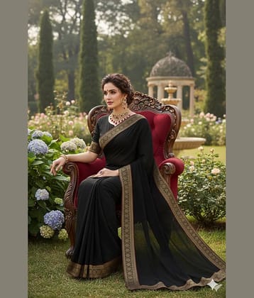 Today Deal Georgette Printed Regular Saree With Unstitched Blouse Piece ( Black )