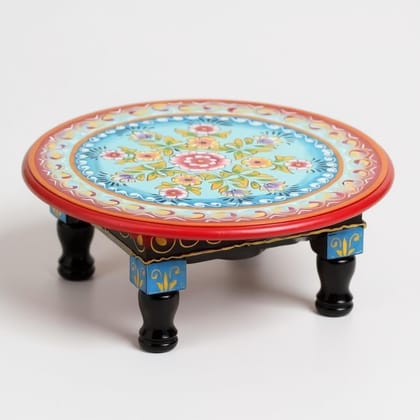 PREET GALLERY Hand-Painted Round Wooden Chowki - Traditional Indian Low Height Table for Puja, Floor Seating & Home Decor | Floor Seating,Mandir Pooja Stand Table Set of 3