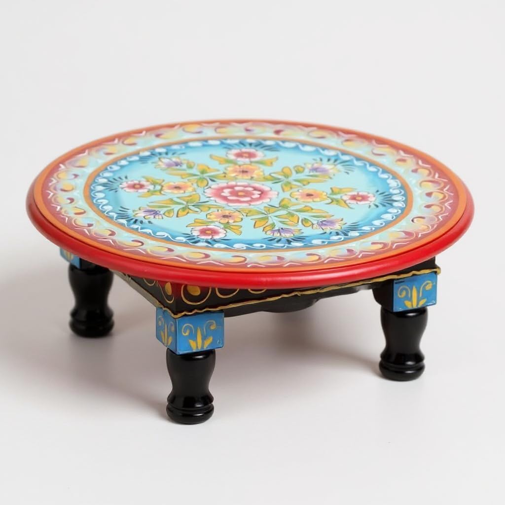 PREET GALLERY Hand-Painted Round Wooden Chowki - Traditional Indian Low Height Table for Puja, Floor Seating & Home Decor | Floor Seating,Mandir Pooja Stand Table Set of 3