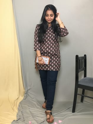 Brown Flower Print Short  Kurti  - Pure Cotton-38 - M