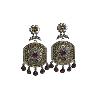 Anvaya Collections Dual-Tone Floral Earrings with Ruby Centre and Emerald Drops, Traditional Design