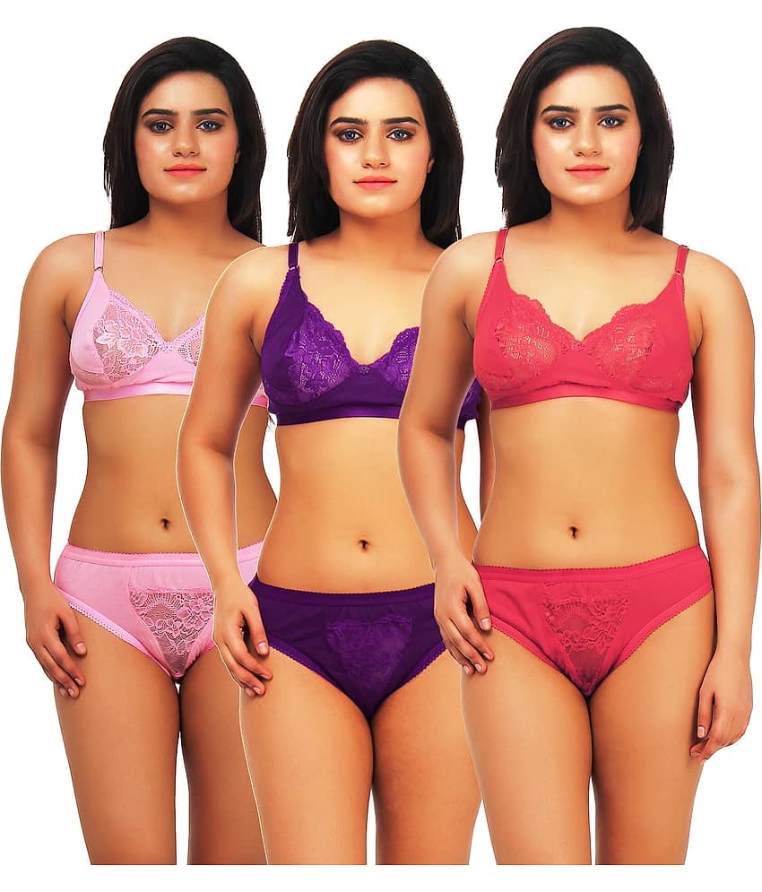 TCG Pack of 3 Cotton Lycra Women's Bra & Panty Set ( Multi Color )