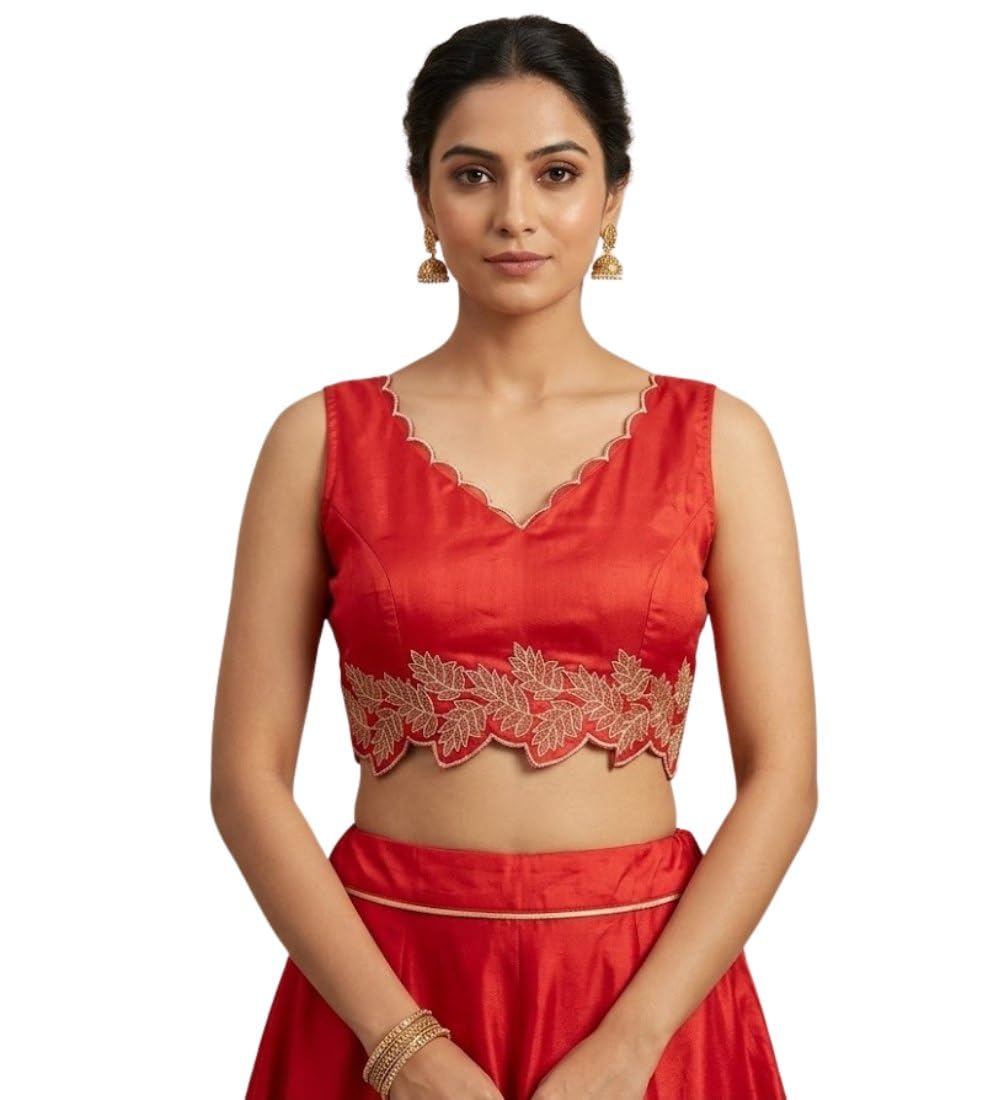 Women's Silk Embroidered Sweetheart Neck Sleeveless Readymade Padded Blouse (Red, Size 38)-PID66643