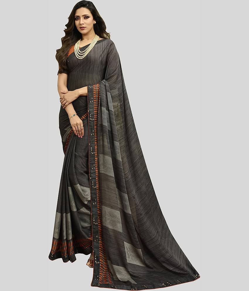 Gazal Fashions Silk Blend Printed Saree With Unstitched Blouse Piece ( Dark Grey )