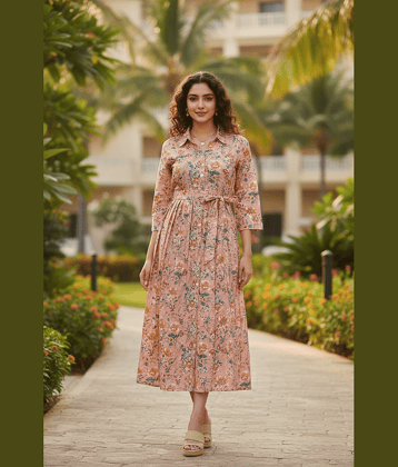 Rajnandini Women Cotton Printed Ethnic Dress ( Peach )