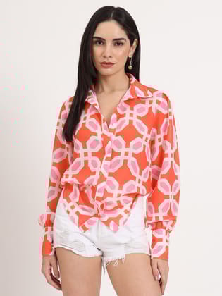 Women'S Luxury Cambric Multicolour Regular Length Straight Hem Digital Print Shirt-M
