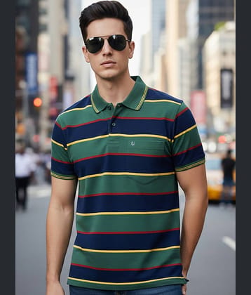 UNIBERRY Men Cotton Blend Regular Fit Striped Polo T Shirt ( Olive )