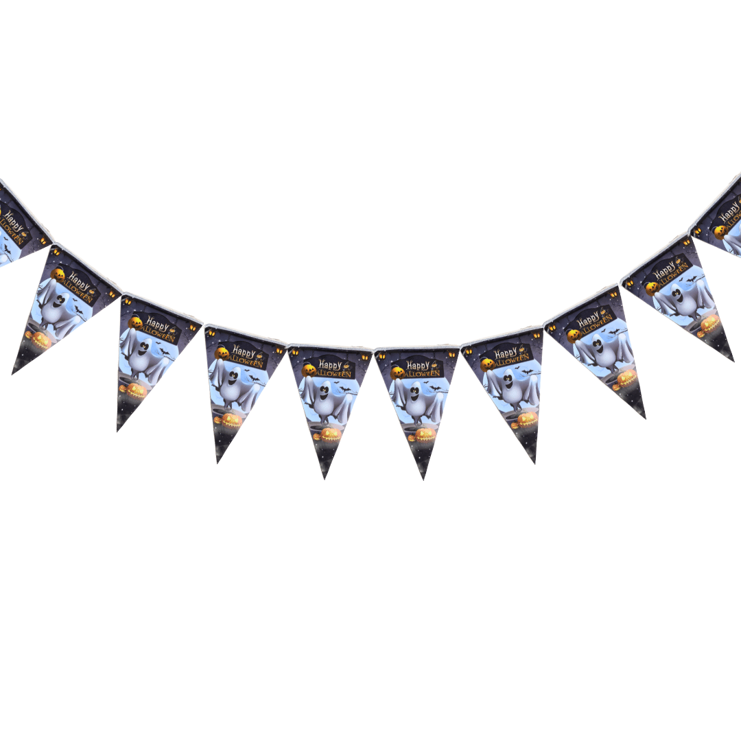 Halloween Black Buntings w/ Ghost Print for Hanging Decor - 9FT - 1PC