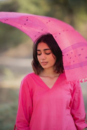 Pink Mulmul Kurta Set with Dupatta-M